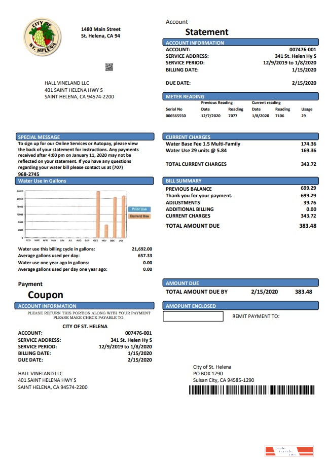 USA California City of St Helena utility bill template in Word and PDF format